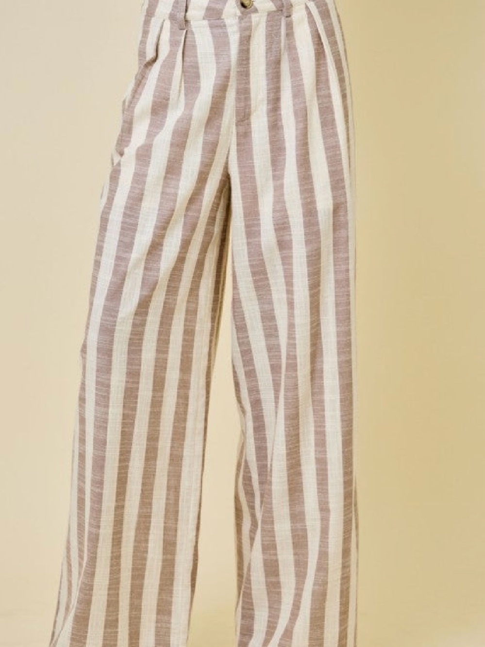 Striped Wide-Leg Linen Pants in Taupe & White